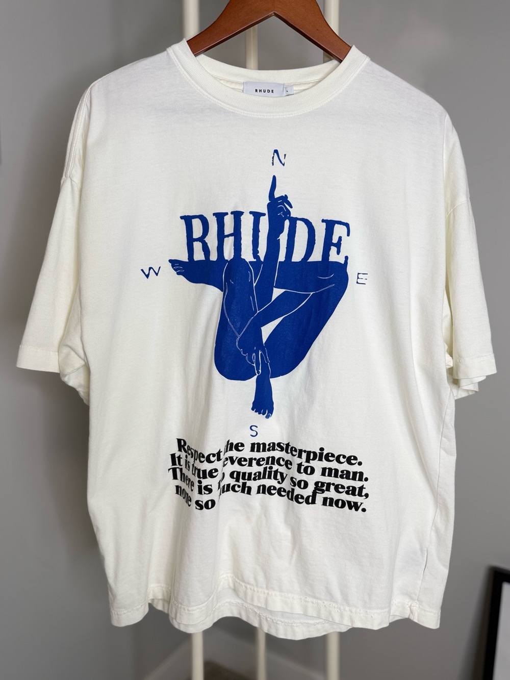 Rhude Cream Short-Sleeve Graphic Tee with Blue Print
